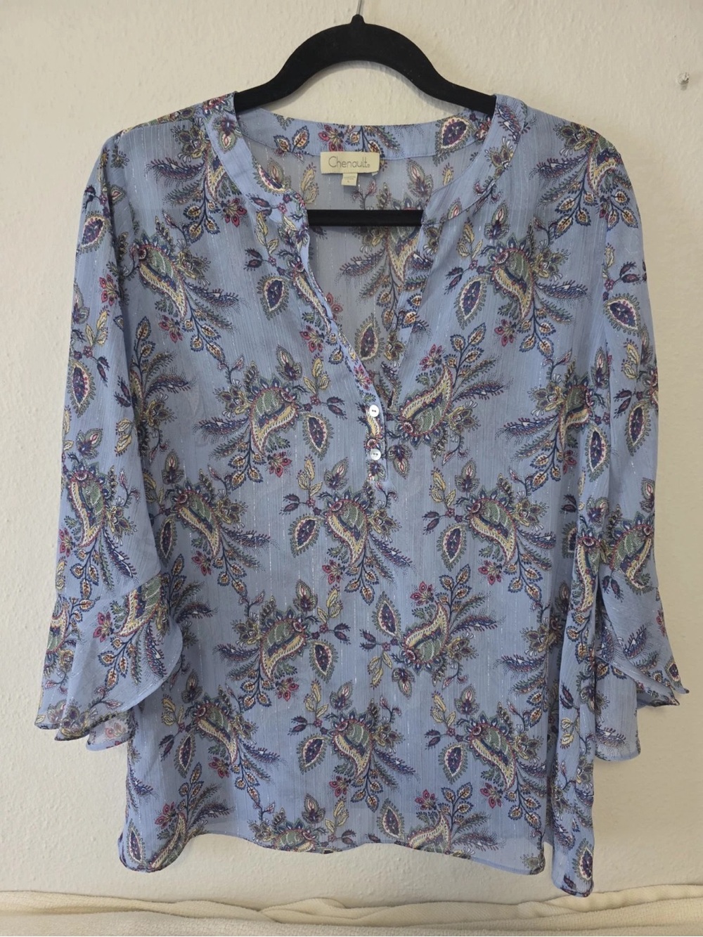 Chenault Light Blue Paisley V-Neck Blouse with 3/4 Ruffle Sleeves